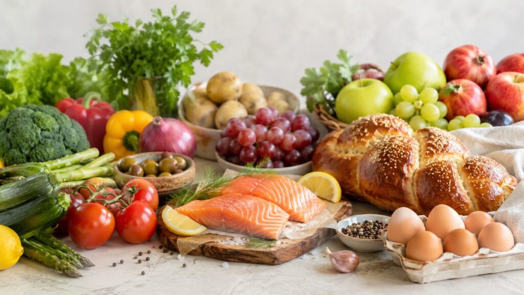 Koschere Lebensmittel: Stillleben mit frischen Zutaten, Brot, Eiern und Lachs
