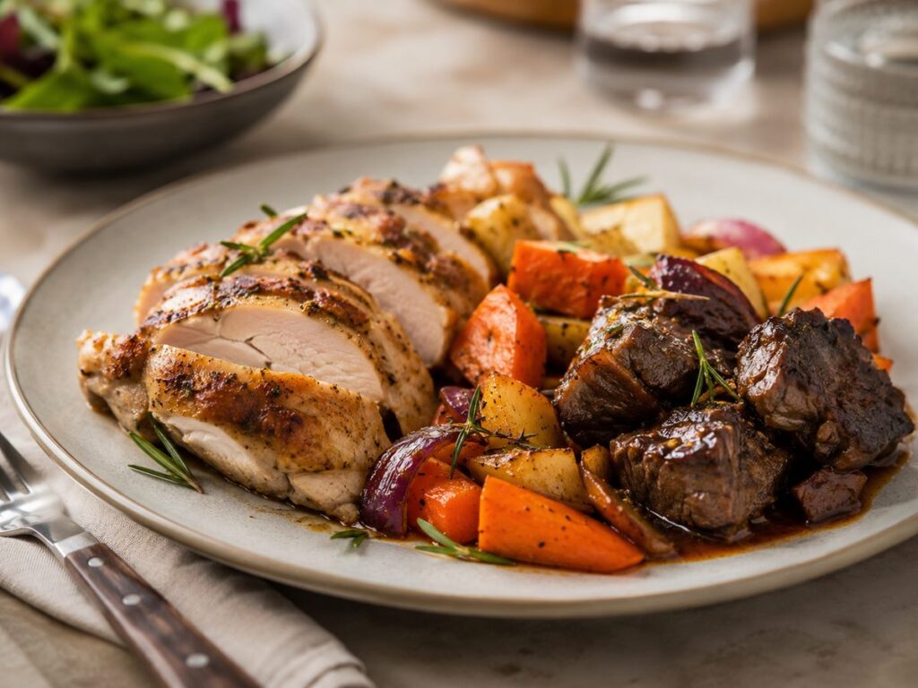 Fleischige Speisen mit Geflügel, Rind und Ofengemüse