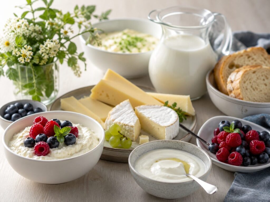 Milchige Lebensmittel mit Käse, Joghurt, Milch und Beeren