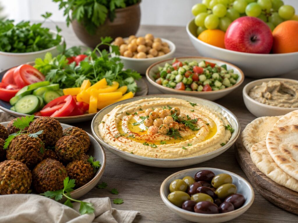 Parve Auswahl mit Hummus, Falafel, Gemüse und Fladenbrot